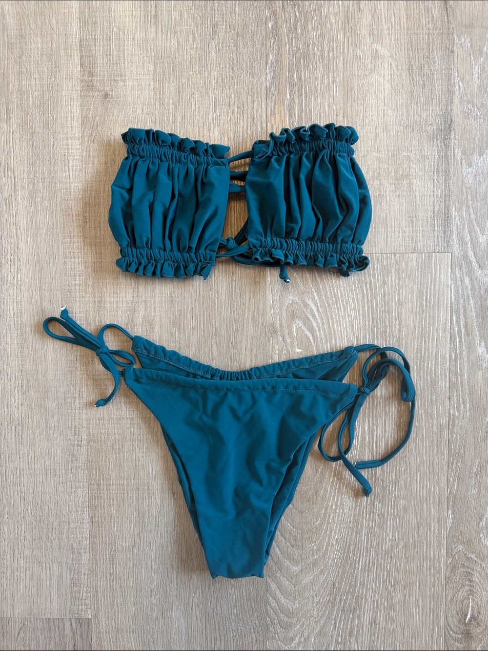 ZAFUL Ruffle Bandeau Bikini Set Cutout Strapless Peacock Blue Teal Large